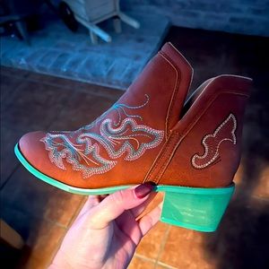 Brown/teal booties. Size 7. Never worn.